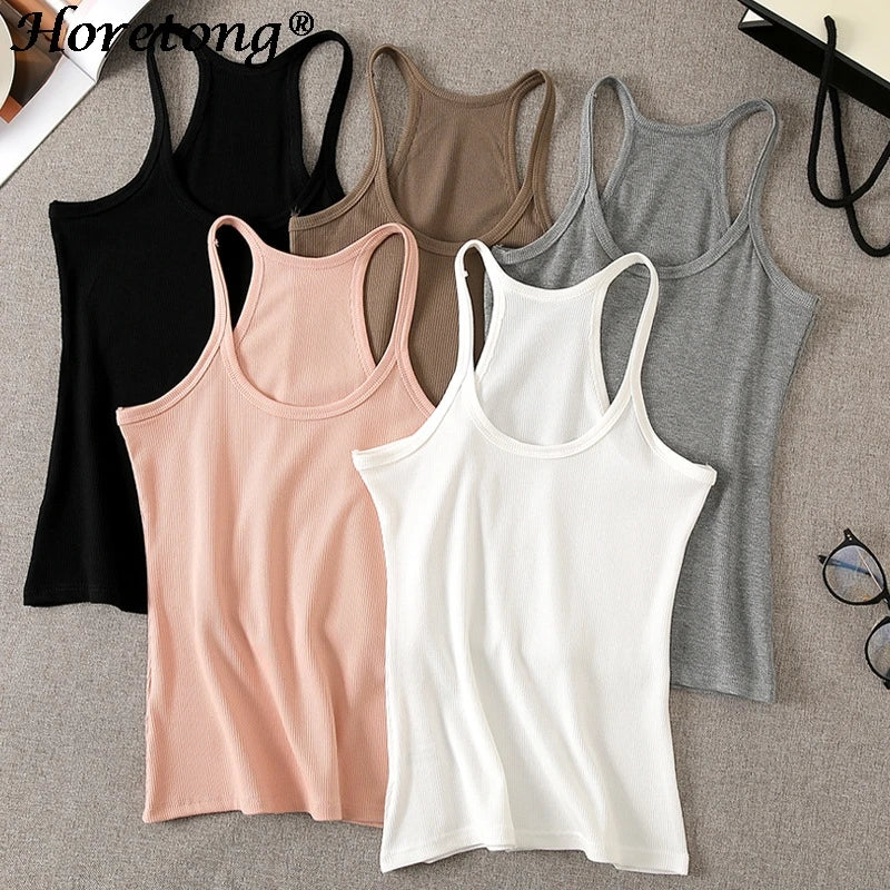 Horetong 2024 Casual Women Halter Crop Tops Summer Sleeveless Camis Sexy Knitted Strap Tank Top Slim Solid Short Female Camis