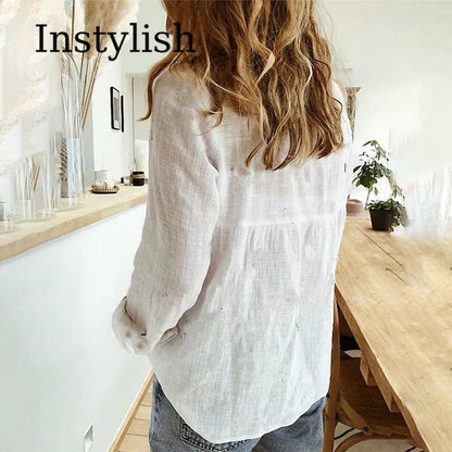 Elegant Cotton Linen Shirts Women Casual Solid Button Lapel Blouses Shirts Autumn Winter Long Sleeve Loose Tops Tunic Blusas