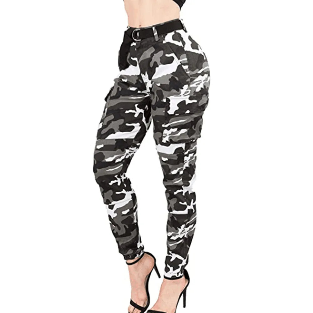 Spring Women's Plus Size Camo Jogger Cargo Pants High Waist Slim Casual Trousers