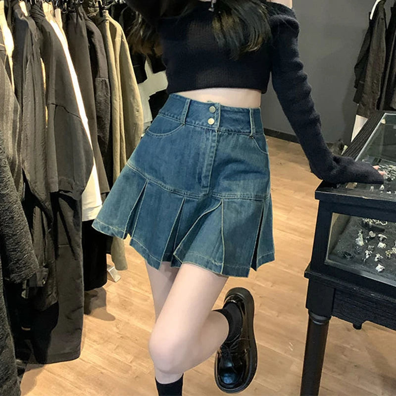 Y2K Vintage Mini Denim Skirt High Waist Pleated Aesthetic