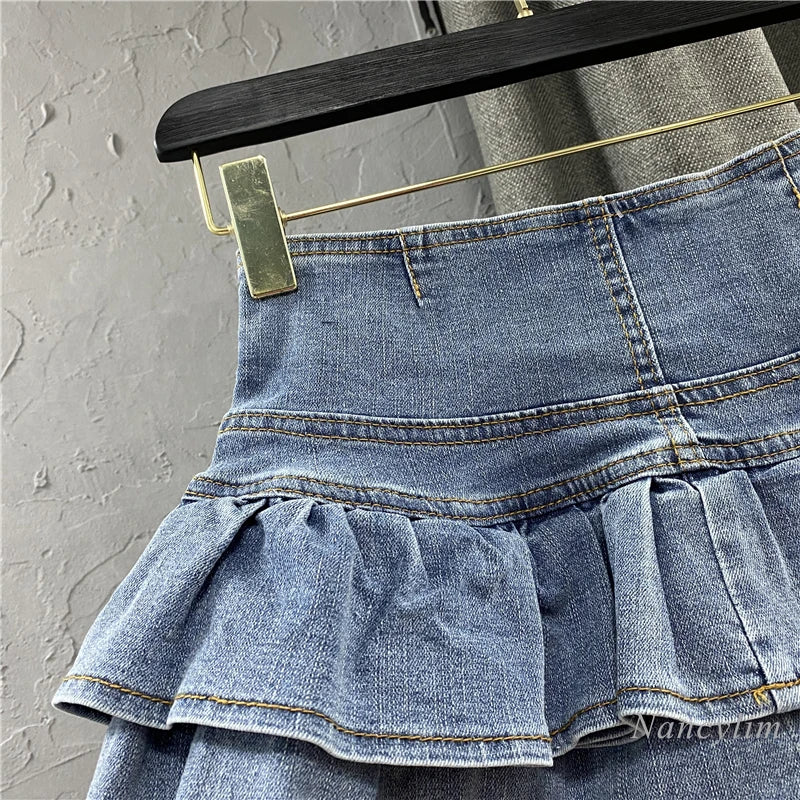 Harajuku High Waist Ruffles Cake Denim Skirt Woman