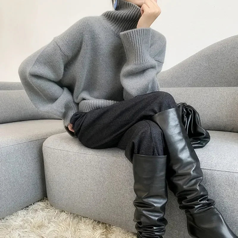 Women's Turtleneck Long Sleeve Sweater Oversize Pullovers Top Female Autumn Solid Gray Khaki Knitted Sweaters for Women Knitwear