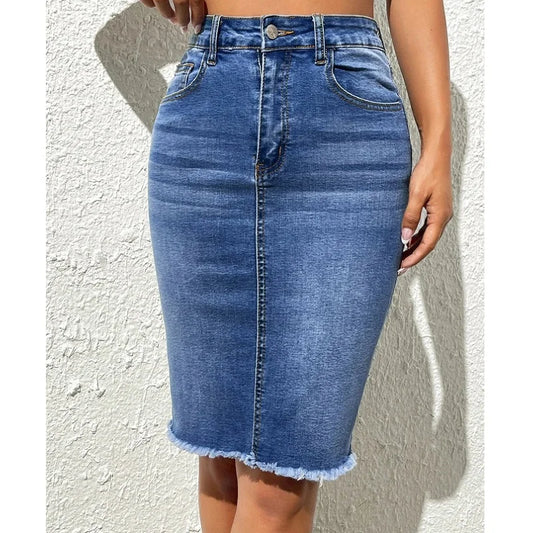 Women's High Waist Denim Skirts Stretch Knee Length Bodycon