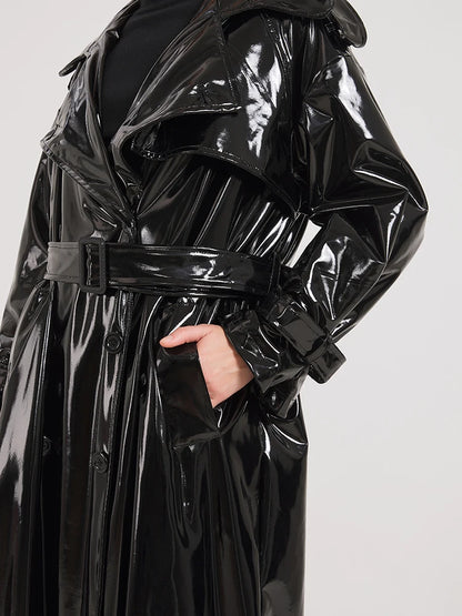 Extra Long Black Patent Leather Trench Coat - Women’s Shiny Reflective Maxi Overcoat