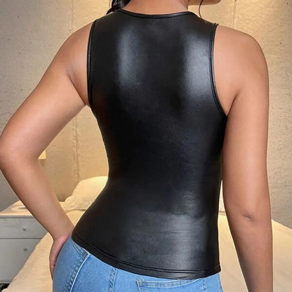 Sexy Black Slim Fit Patent Leather Short Vest Tops Women's Fashion Patent Leather Tank Tops Solid Colour Round Neck Camisole Top