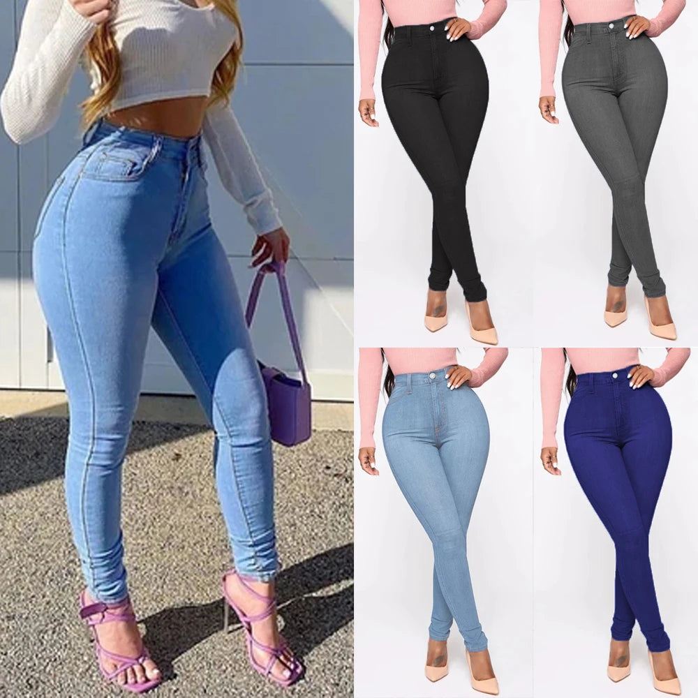 High Waist Women's Jeans Stretch Skinny Denim Pants Blue