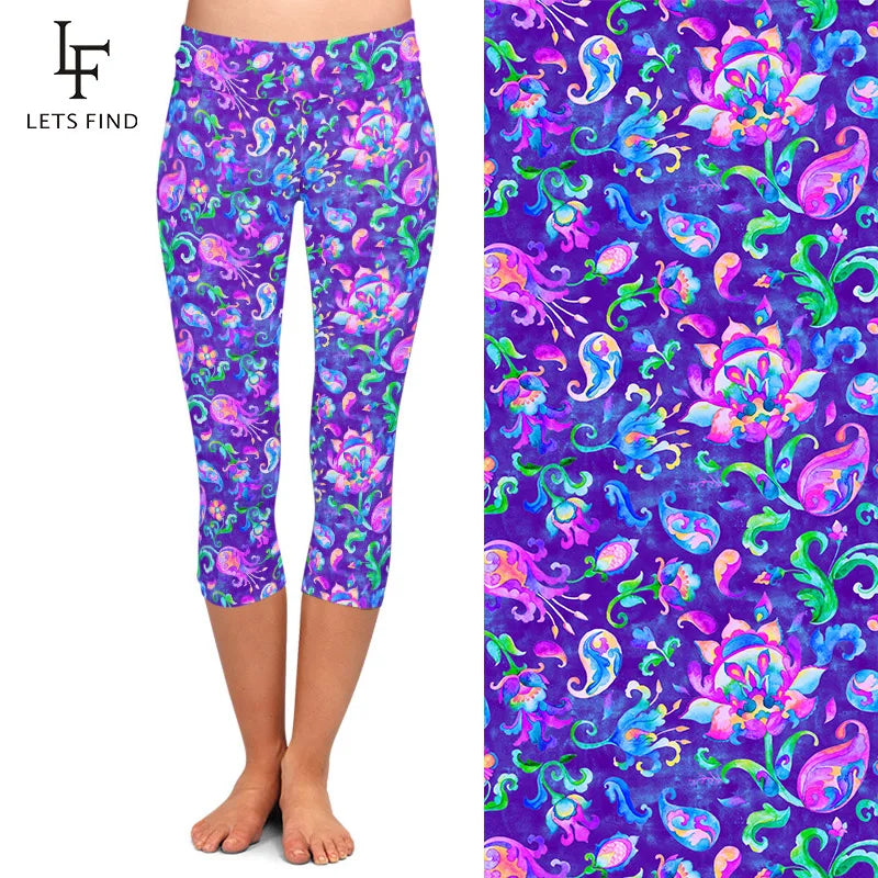 Fashion Paisley Watercolor Floral Print Capri High Waist Leggings