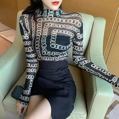 Women's Mesh Tops Sexy Long Sleeve Mock Neck Sheer Blouse Female Fashion See Through Layering Top