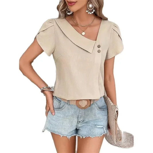 Women Slant V Neck Pullover Shirt Elegant Petal Short Sleeve Button Decoration Blouse Summer Solid Color Casual Female Tops 2024