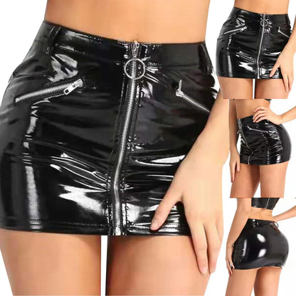 Women's Ladies Faux Leather Fake Zipper Pockets Bodycon Mini Skirt