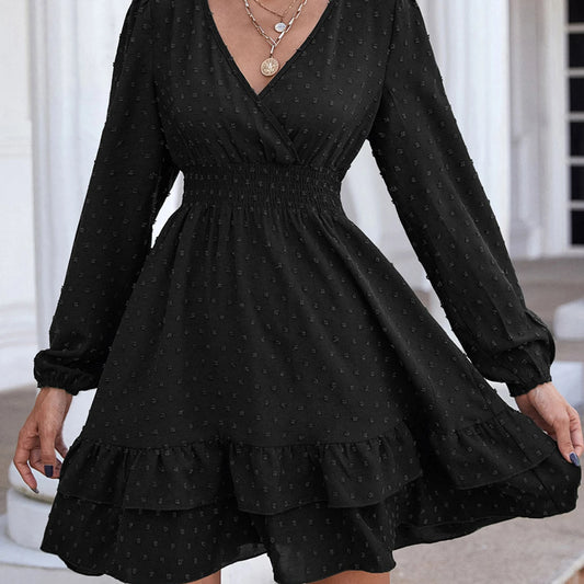 New Fashion Sexy V-Neck Mini Dress 2024 Spring Summer Long Sleeve Casual