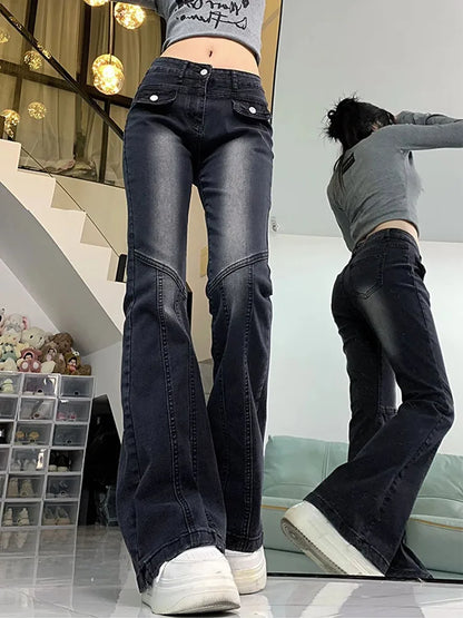 High Quality Office Lady Black Flare Jeans Low