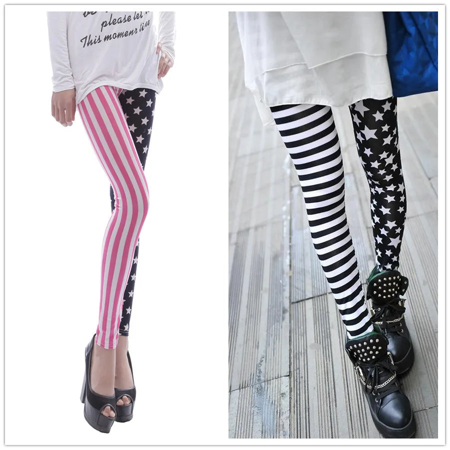 New Jeggings Elastic Stripe Star Print Fashion Cropped Trousers Women