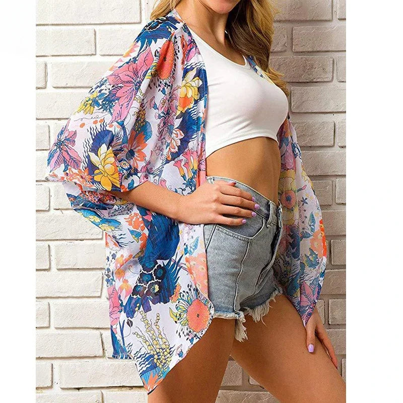 Fashion Printed Shawl Blouse Sun Protection Shirt Casual Cardigans Seaside Beach Poncho Chiffon Cape Shawl Beachwear Women Top