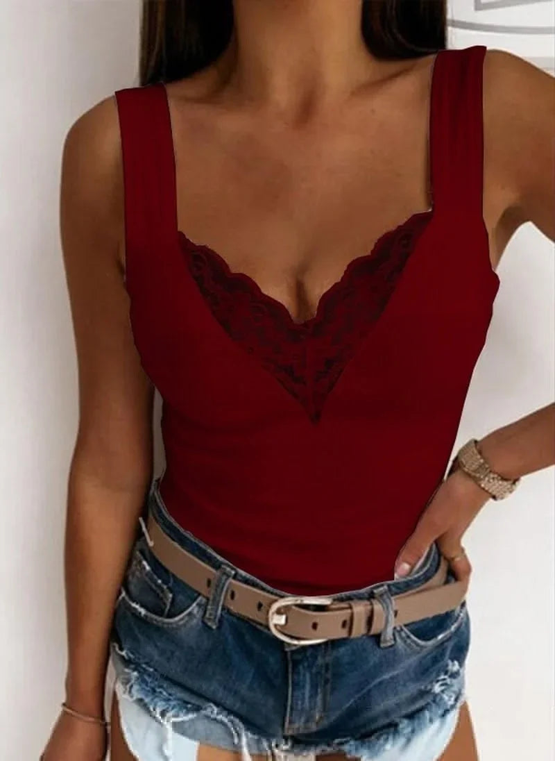 Women Summer Fashion V Neck Tank Casual Solid Color Lace Sleeveless Sexy Shirts Slim Tops