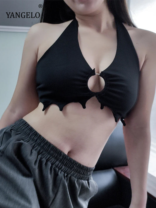 Yangelo Y2K Gothic Batwing Ring Halter Crop Top Altered State Girls Easter Sling Hot Topic Spirit Halloween Goth Homecoming Tank