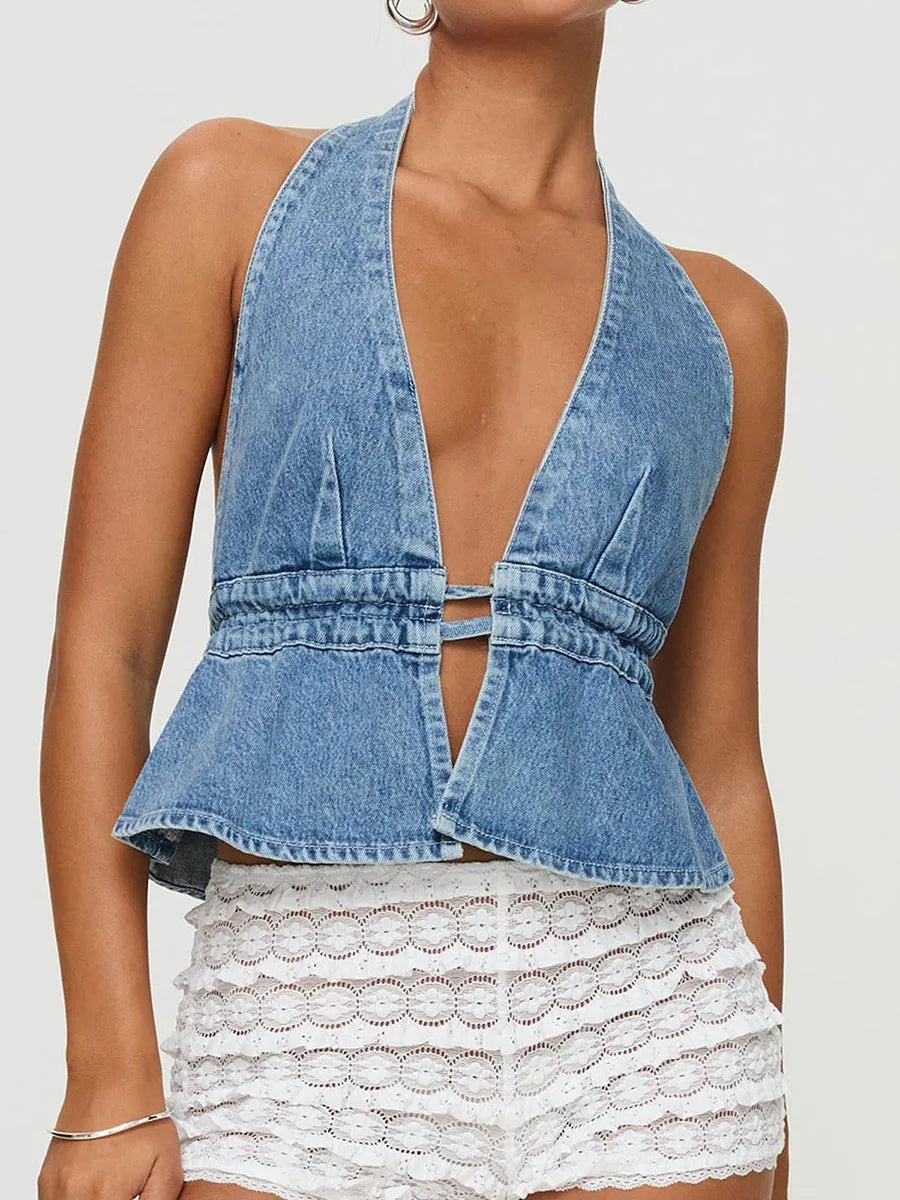 Women Halter Neck Denim Vest Tops Stylish Backless Tie-up Bodydoll Tank Tops for Club Party Streetwear