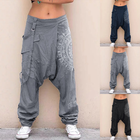 Low Rise Retro Print Baggy Trousers Cargo Streetwear Harem