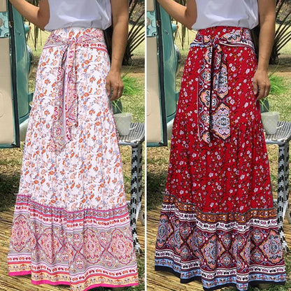 Women's Bohemian Floral Print High Elastic Waist Maxi Skirts