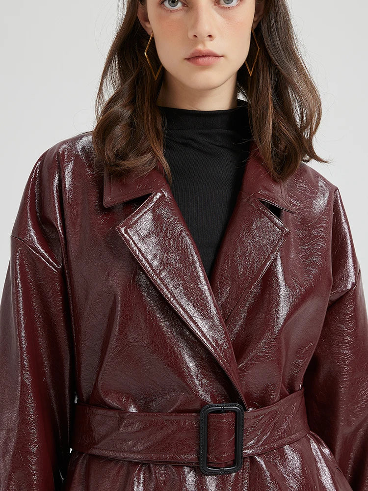 Extra Long Burgundy PU Leather Trench Coat - Women's Belted Designer Maxi Overcoat