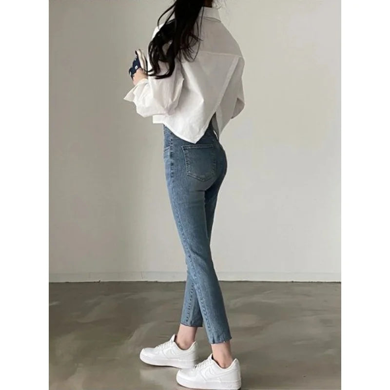 202 Spring Casual Long Sleeve Women White Shirt Korea Style Solid Button Split Woman Crop Tops Blouse Party Clothing ﻿