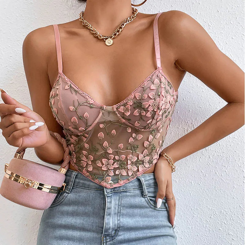 Flower Embroidery Camisole Women's Perspective Mesh Lace Bustier Corsets Top Party Chic Lady Straps Crop Top