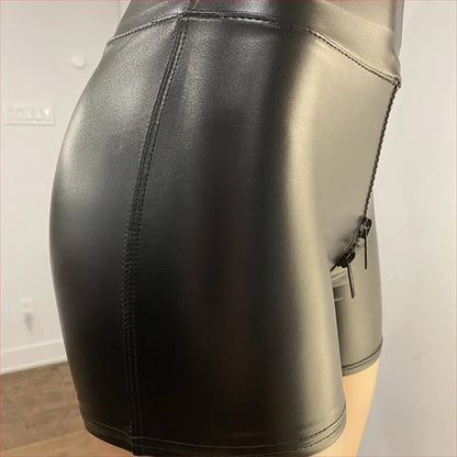 Black Matte Leather Open Crotch Shorts Women's Exotic