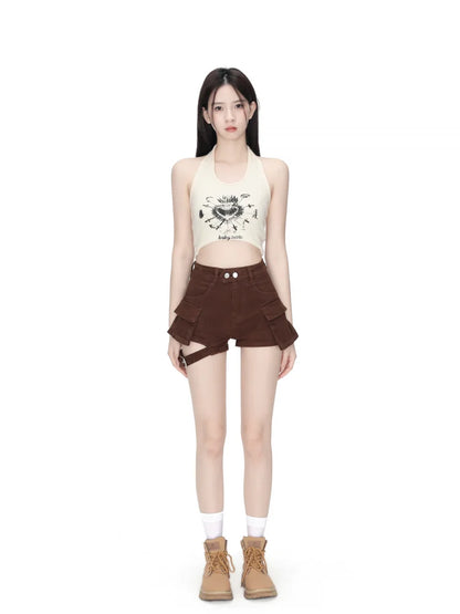 Denim Shorts Women's Pockets Brown High Waist A-Line Streetwear