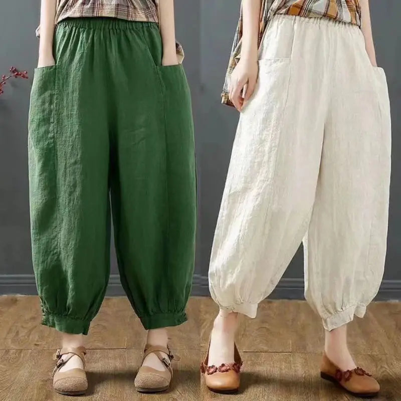 Women's Summer Loose Cotton Linen Pocket High Waist Harem Pants