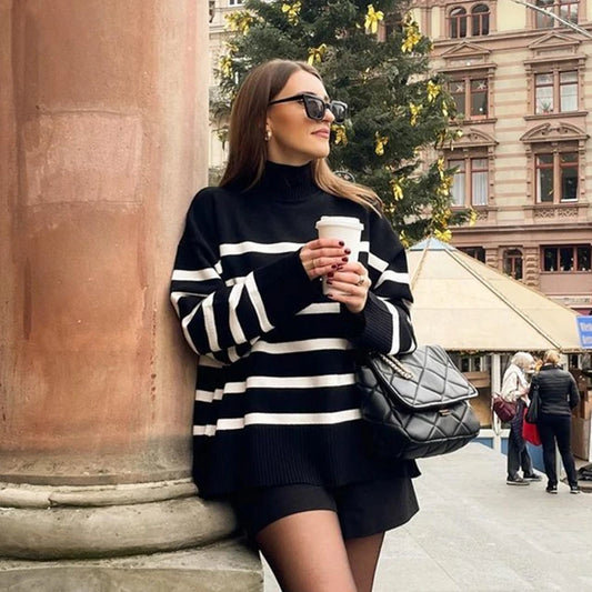 Winter Black And White Stripe Sweater Women Streetwear Loose Pullover Jumper Tops Female Long Sleeve Turtleneck Knitted Sweaters