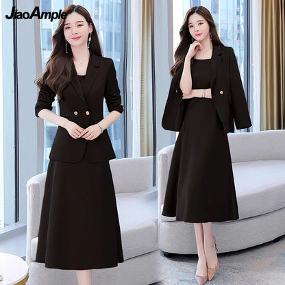 Autumn Winter Suit Jacket Dress Set - Korean Blazers, Suspender Midi Skirt