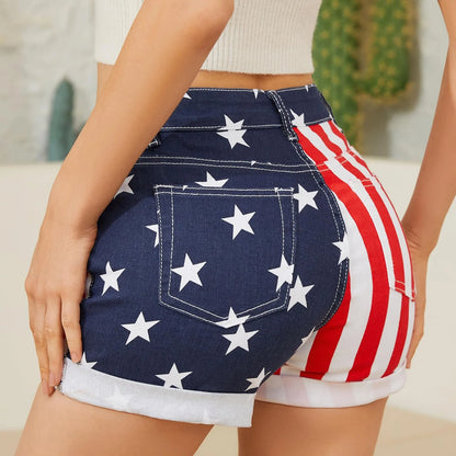 Fourth Of July Shorts Women's Flag Stretchy Denim Super