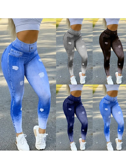 Faux Denim Jeans High Waist Leggings Pencil Elastic