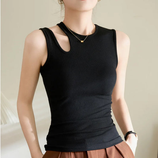 Black Brown Sleeveless Tank Top Women Hollow Out Irregular Tank Tops Tees Femme Stretch Cotton Skinny Short Tops Summer