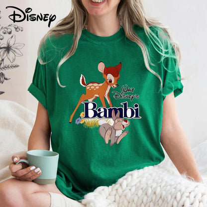 Disney 2024 Anime Cute Bambi Print Loose T Shirt Women Summer Shirt Cartoon Pullover Top Clothing