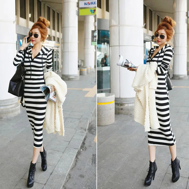 Women's Pullover Sweater Dress - Autumn Stripes Print, Casual Long Section