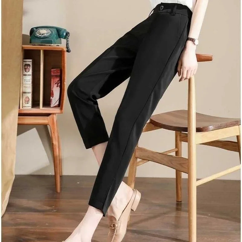 Capris Office Elastic Waist Clothing Women's Tailoring Trousers Buttons