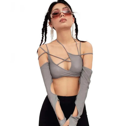 2024 Sleeve Crop Women Halter Tops Hotsweet Gothic Patchwork Long Top Sexy Cut OutSummer Fashion Y2k  Punk New T-shirts 21501