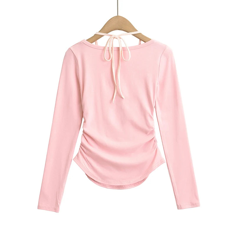 Sexy long sleeve crop top korean fashion kawaii clothes halter top cropped ruched t shirts women y2k crop top pink bowknot