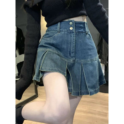 Y2K Vintage Mini Denim Skirt High Waist Pleated Aesthetic