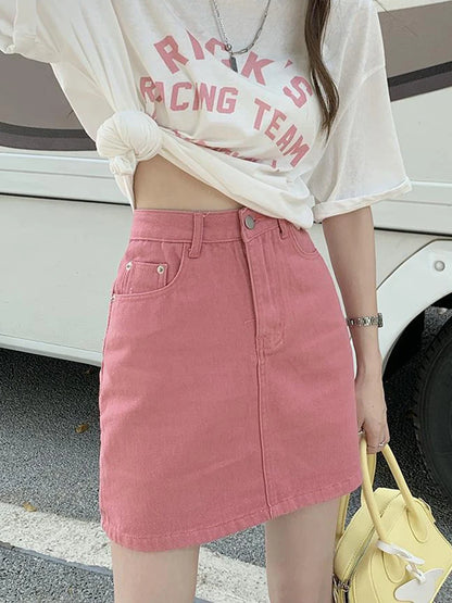 Jmprs Sweet Pink Women's Denim Skirts High Waist Student