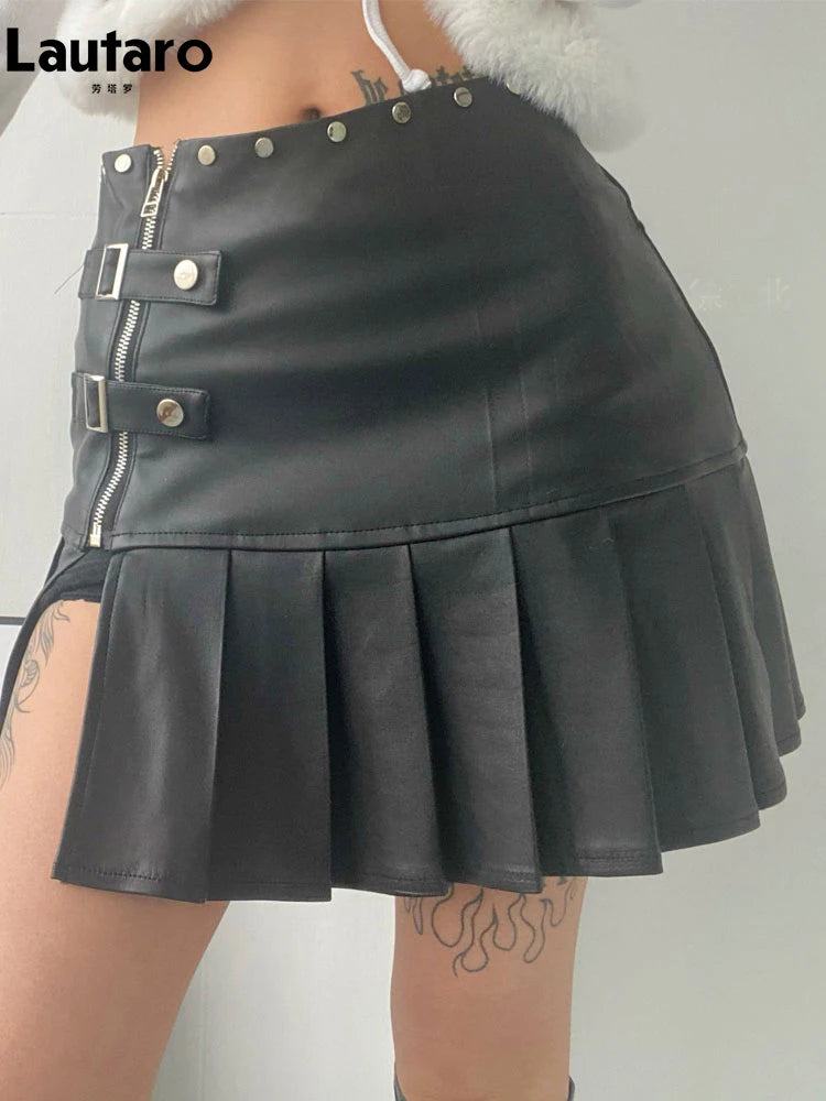 Sexy Retro White Black Pu Leather Mini Pleated Skirt