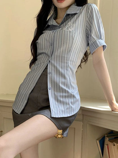 Jmprs Vintage Striped Slim Shirt Women Korean Short Sleeve Casual Blouse Summer Design Embroidery Sweet High Quality Retro Tops