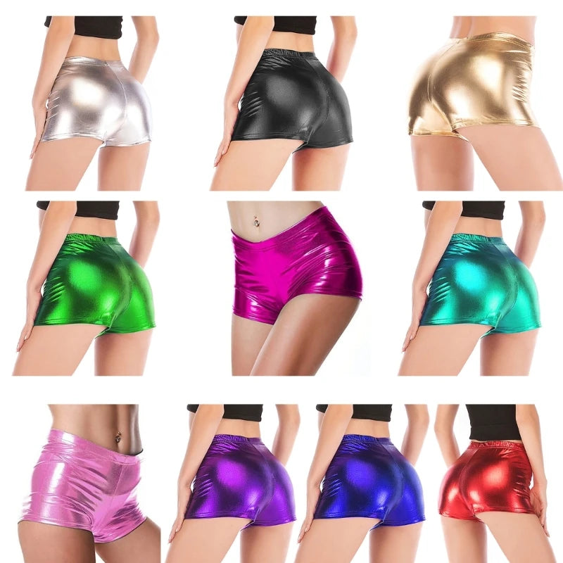 Women's Glitter Metallic Pu Leather Booty Shorts Elastic Waist Shorts