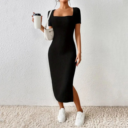 Solid Color Square Neckline Dress Elegant Knitted Midi Dress Women Party Commute Dress