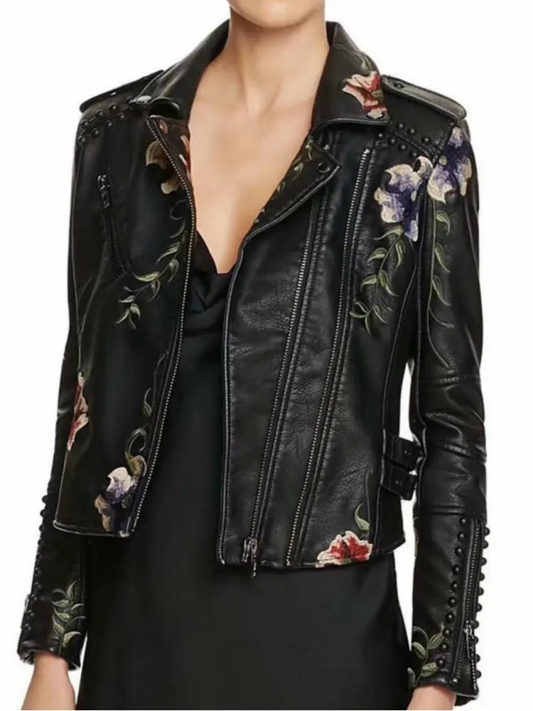 Floral Print Faux Leather Jacket - Women’s High Street