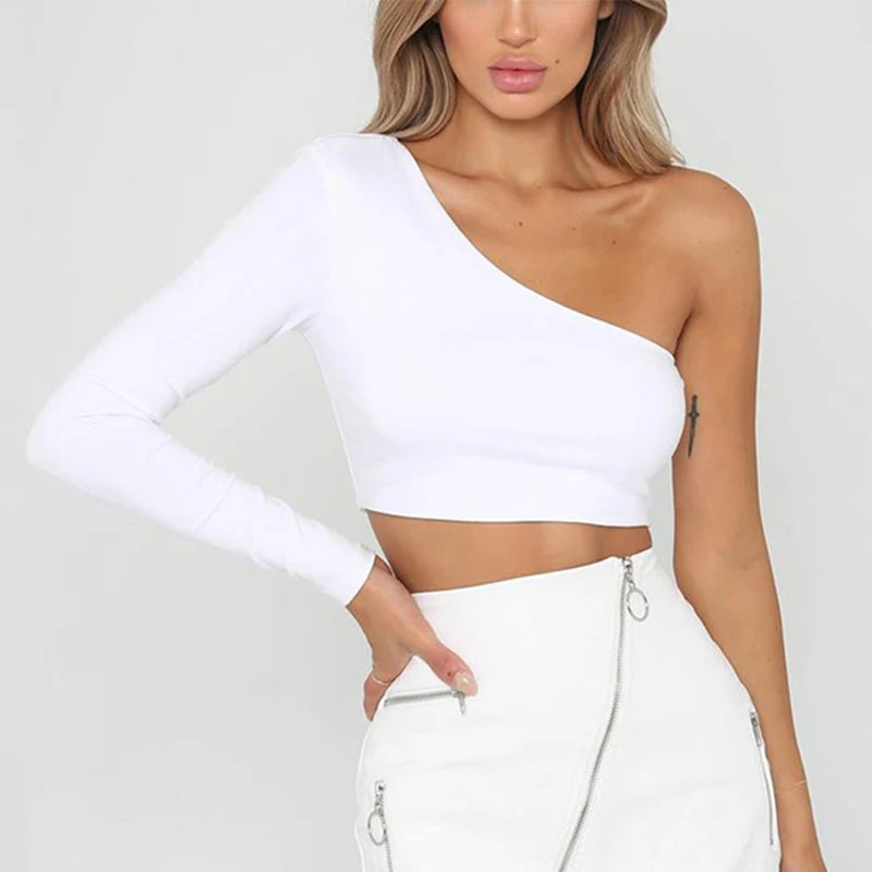 CDJLFH Sexy One Shoulder Crop Top T Shirt Women Diagonal Collar Long Sleeve Tshirt Casual Basic White Slim Fit Bodycon Tees Tops