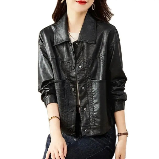 Short PU Leather Coat - Women's Spring Autumn Black Jacket