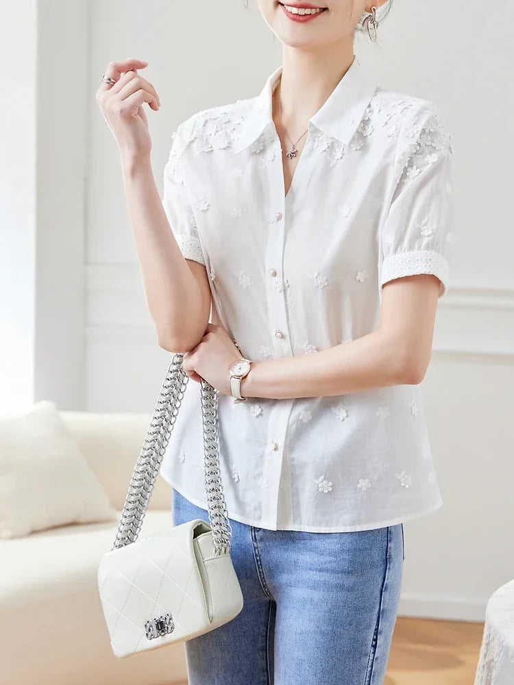 Vimly 100% Cotton Short Sleeve White Shirt for Women 2023 Fairy Sweet Summer Tops Embroidery Button Up Elegant Shirts & Blouses