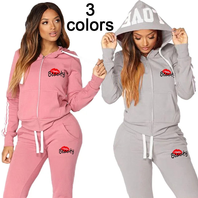 New Women's Printed Sportswear Set Full Zip Hoodie and Pants Winter Jogging Set